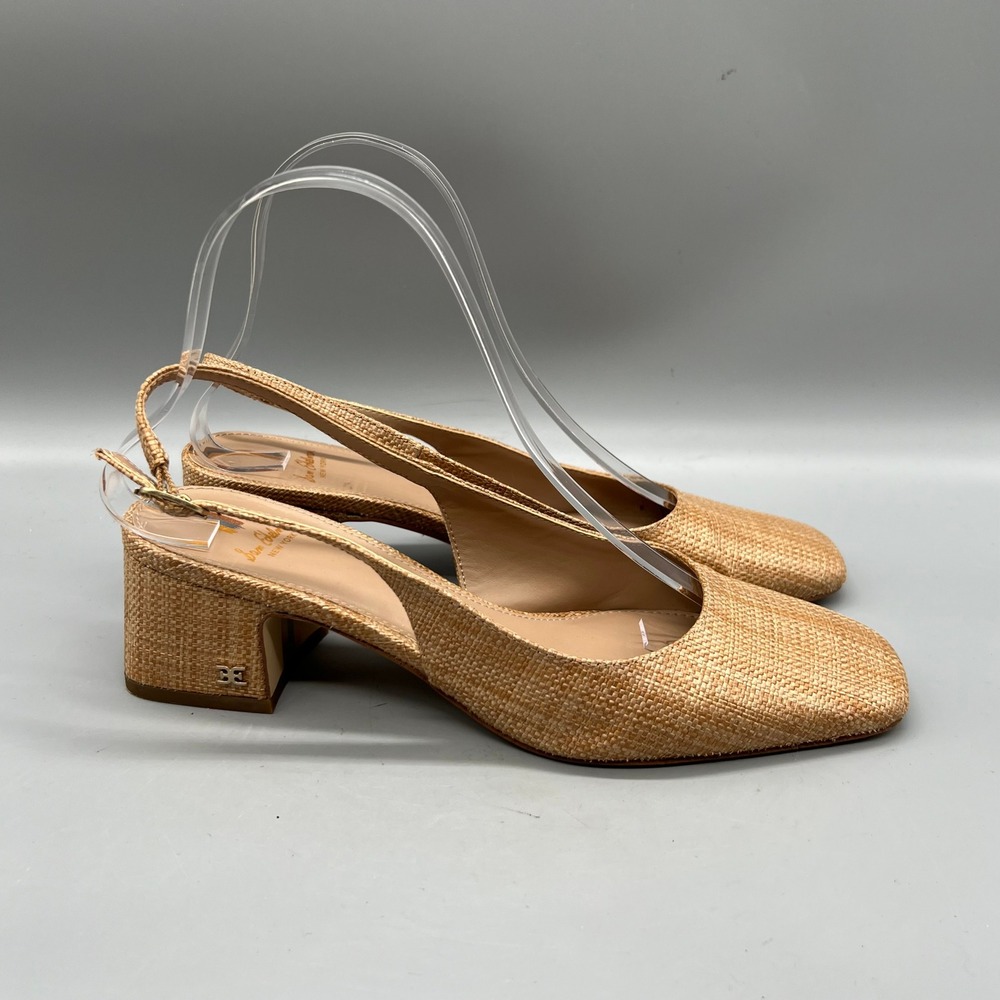 Sam Edelman Slingback Pumps Womens 7 Tan Raffia Block Heel Square Toe Jaina